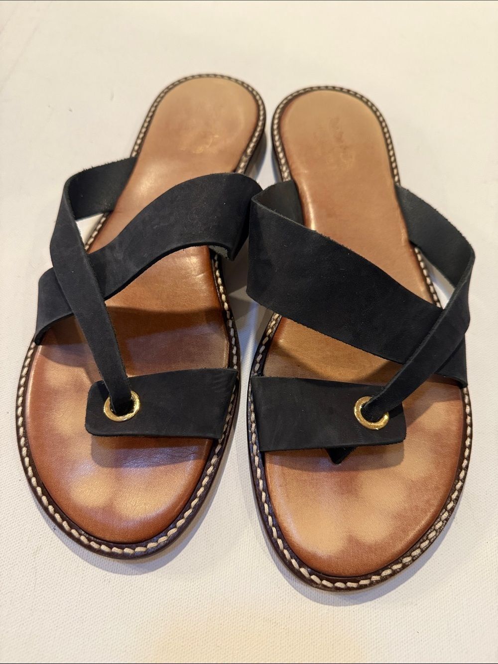 Coach and Four Black Leather Crisscross Sandal Slides with Gold Eyelets